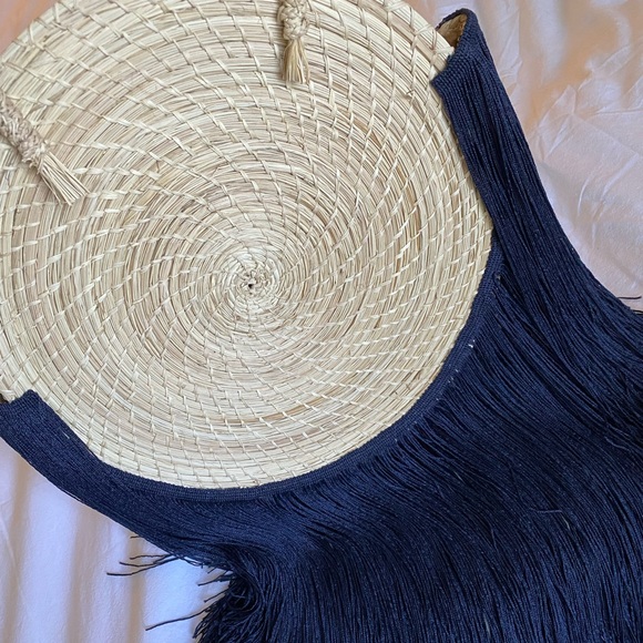 Palma Canaria Navy Fringe Straw Bag - Picture 2 of 6